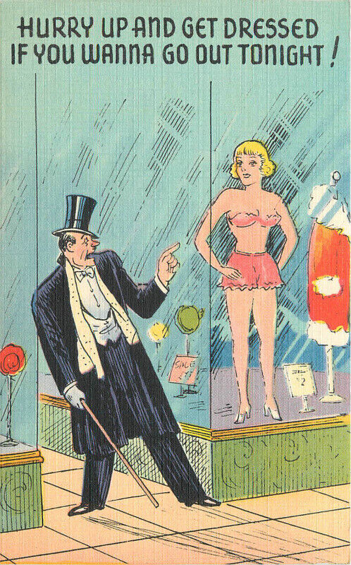 1940s Comic Humor Well dressed man woman in window get dressed Postcard 22-10210