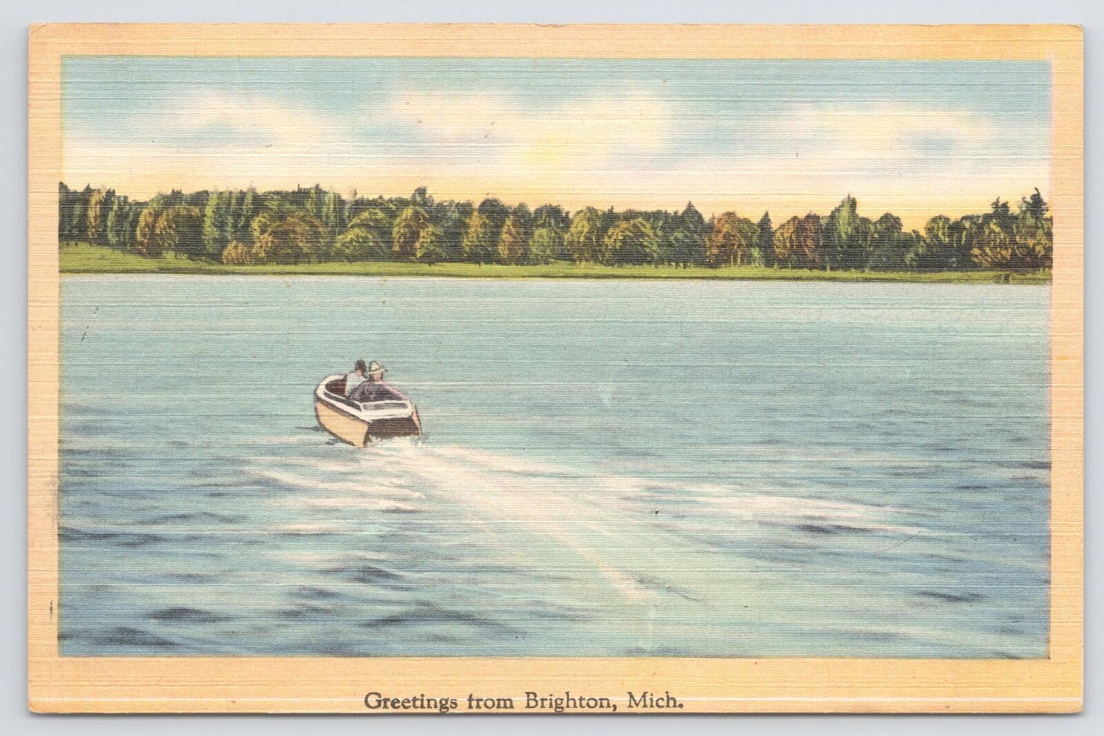 Brighton Michigan~Speed Boat on Lake~Linen Postcard
