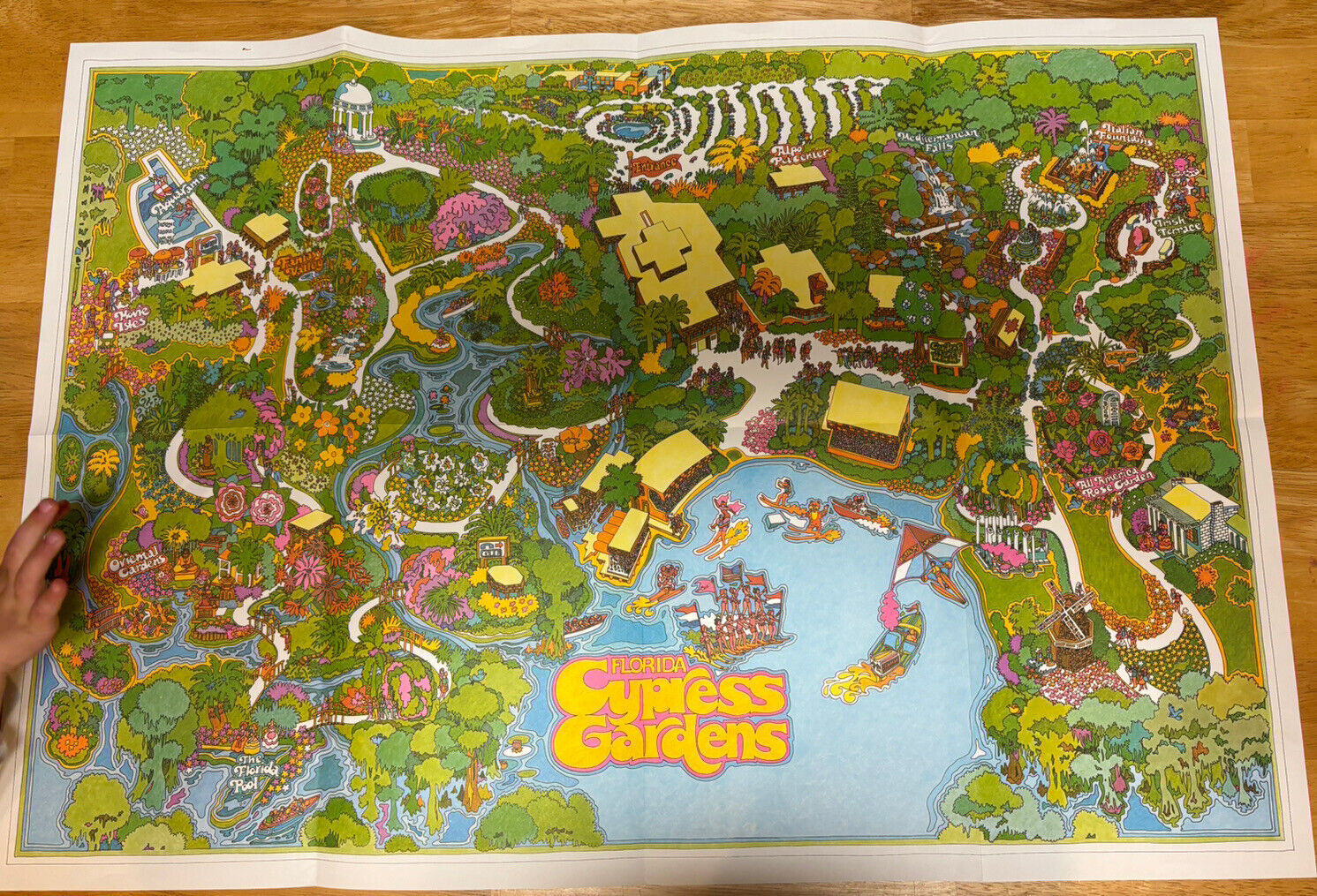 Vintage Cypress Gardens Florida Souvenir Map 23”X33” Rare 
