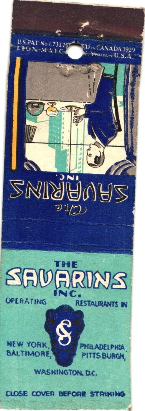 New York Baltimore Philadelphia The Savarins Inc., Vintage Matchbook Cover
