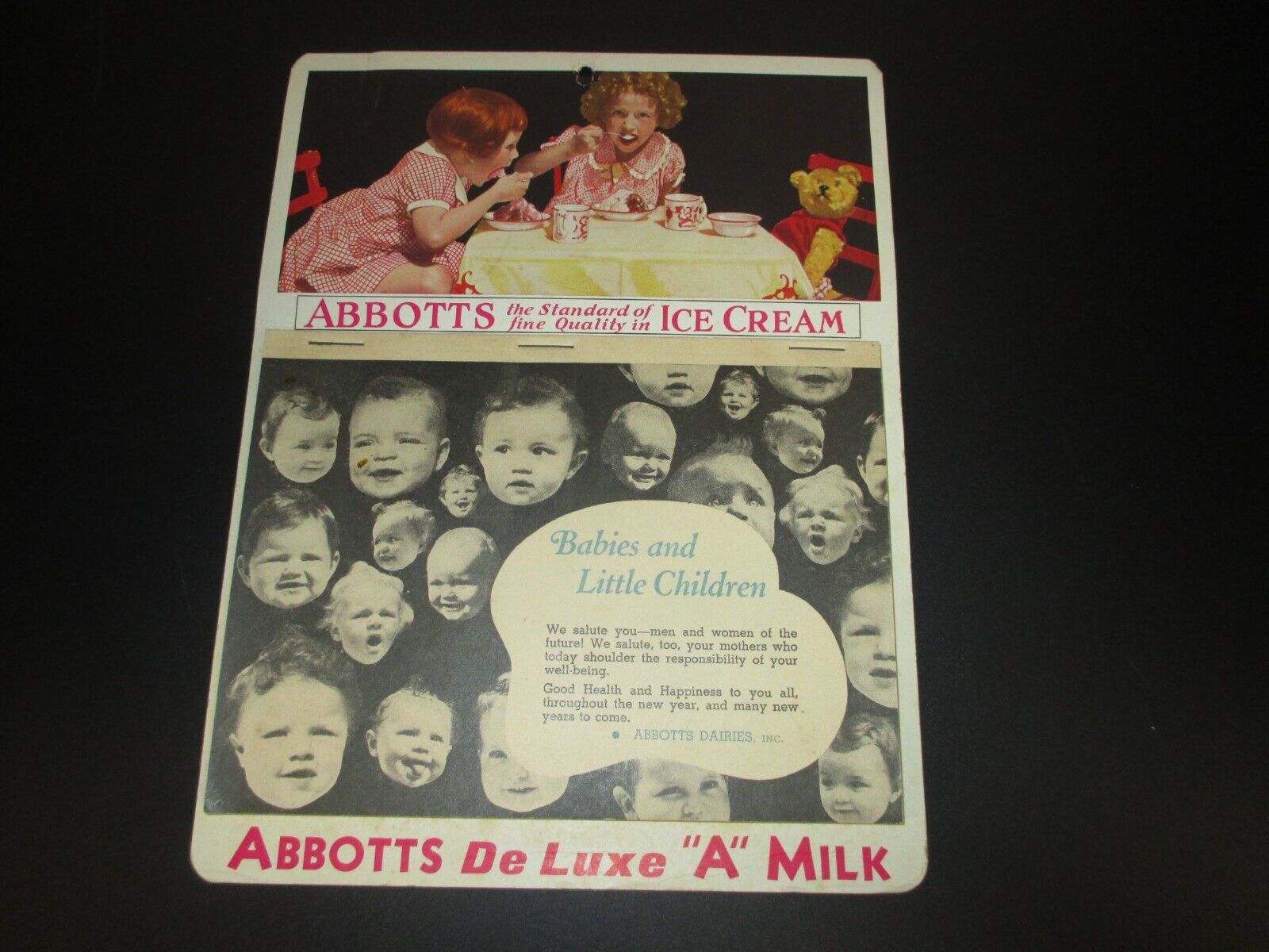 1937 Abbotts Ice Cream Calendar-Unused, Very Clean,60+ Pages