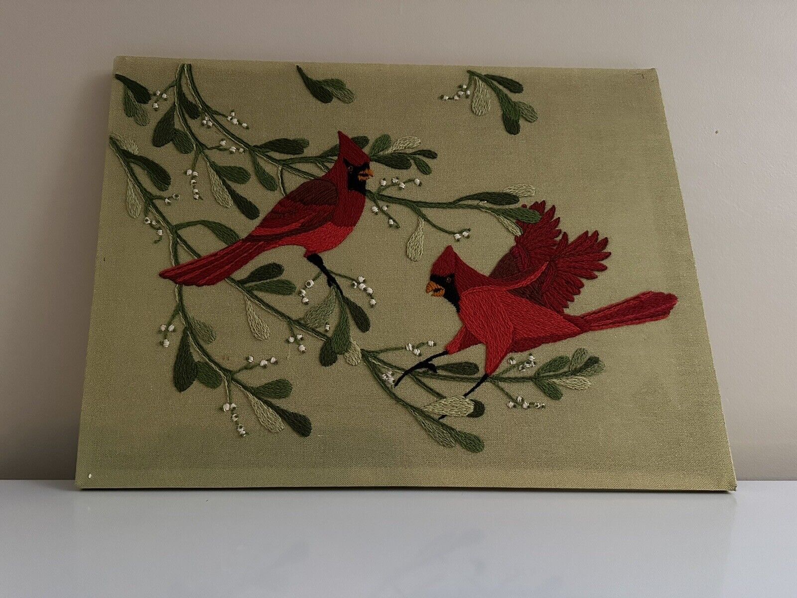 Vintage Mid Century Red Cardinals Green Branches Wall Art Needlepoint
