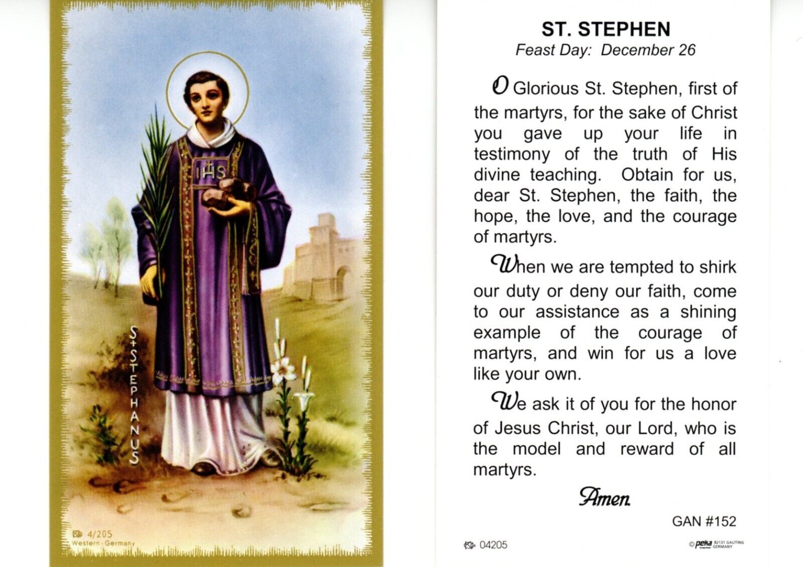 Saint St. Stephen with prayer to St Stephen - Paperstock Holy Card GAN152