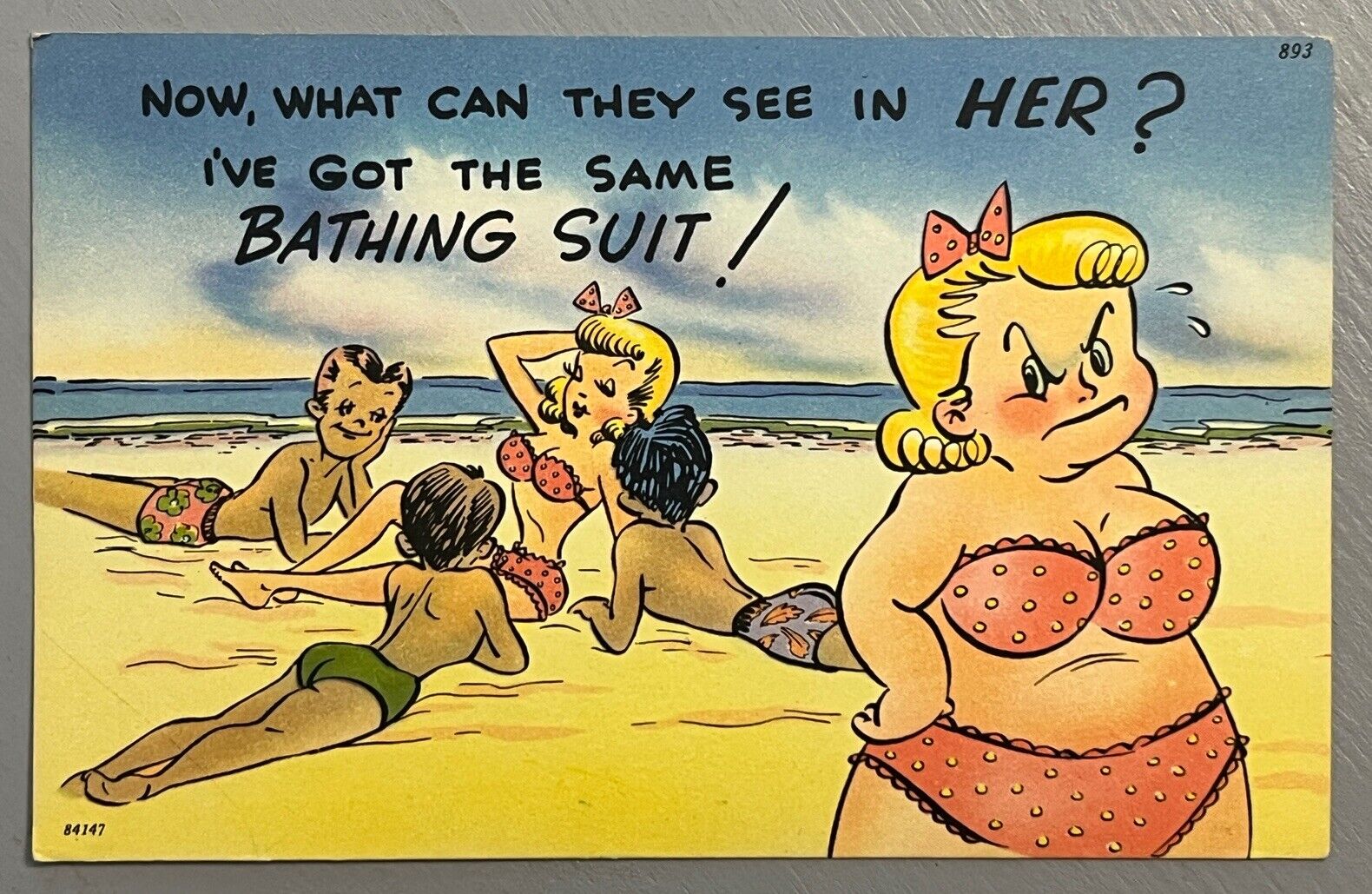 Comic Postcard BBW Fat Woman Big Butt Swimsuit Beach Pink Bikini Jealous VJ