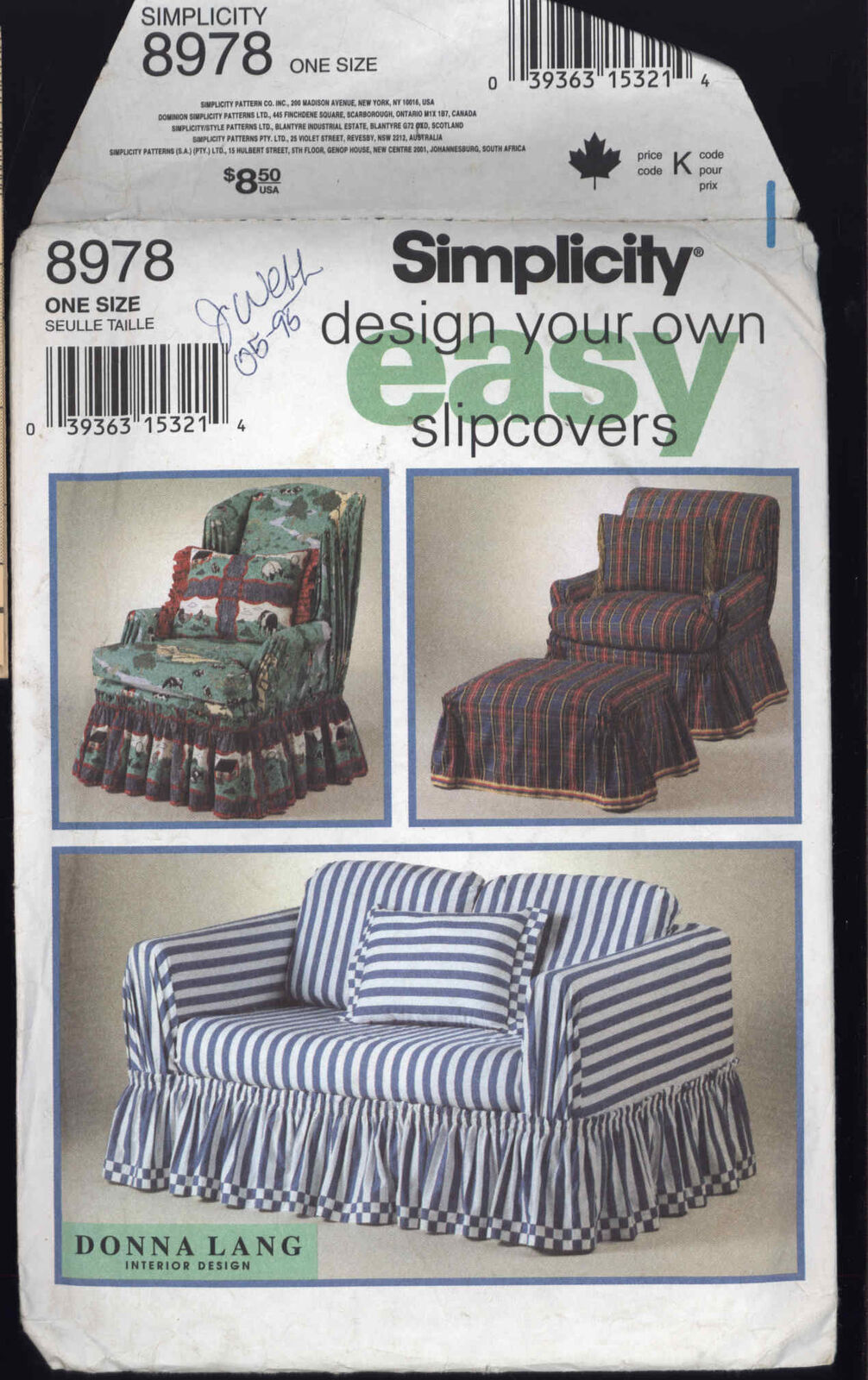 1994 SIMPLICITY Pattern No # 8978 * DONNA LANG interior design SLIPCOVERS
