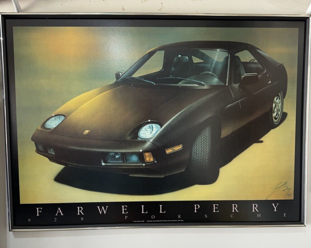 RARE 1982 Porsche 928 Poster Framed Signed “FARWELL PERRY” 35.5” x 24.5”.