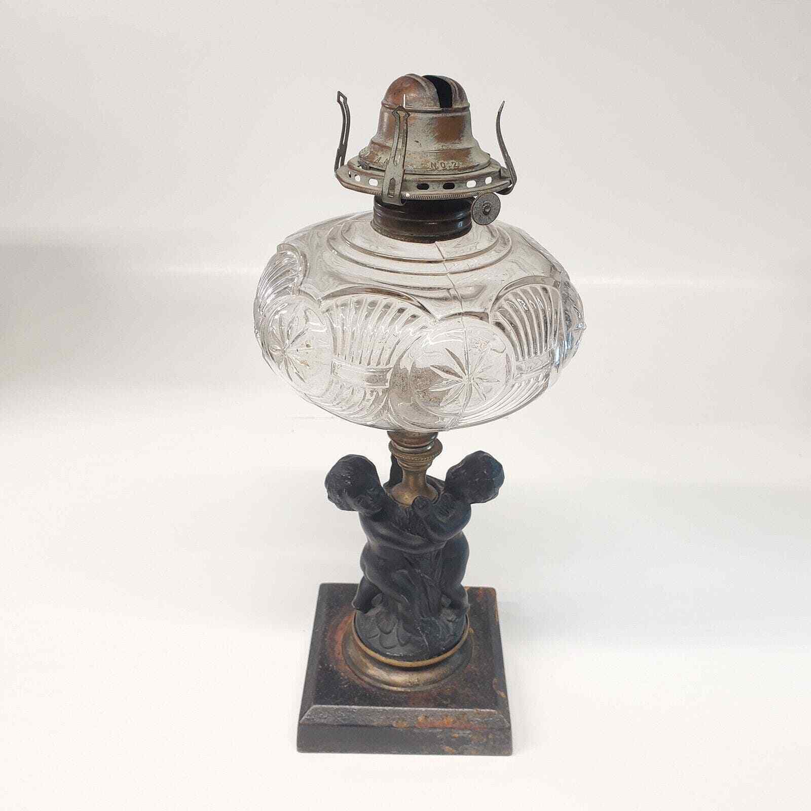 Antique Queen Anne Oil Lamp No. 2 Cast Iron Cherub Children Base