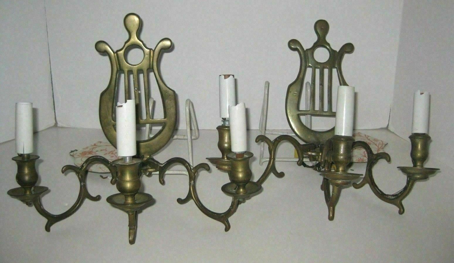 Pair Of  Antique Brass Three Light Lyer Musical Form Wall Light Sconces Fixtures