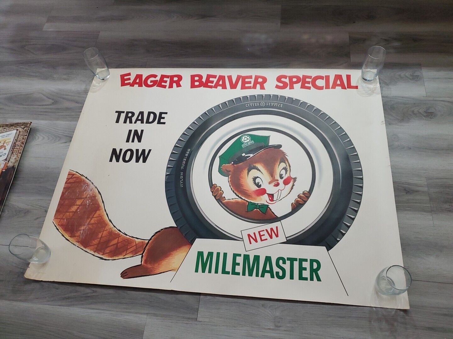 c.1950s Original Vintage Cities Service Gas Sign Eager Beaver Tires Milemaster