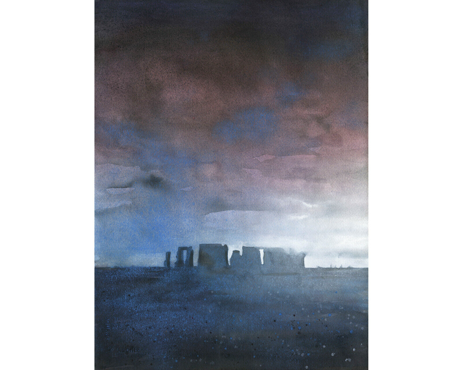 Stonehenge ruins at sunset- England.  Stonehenge watercolor painting (print)