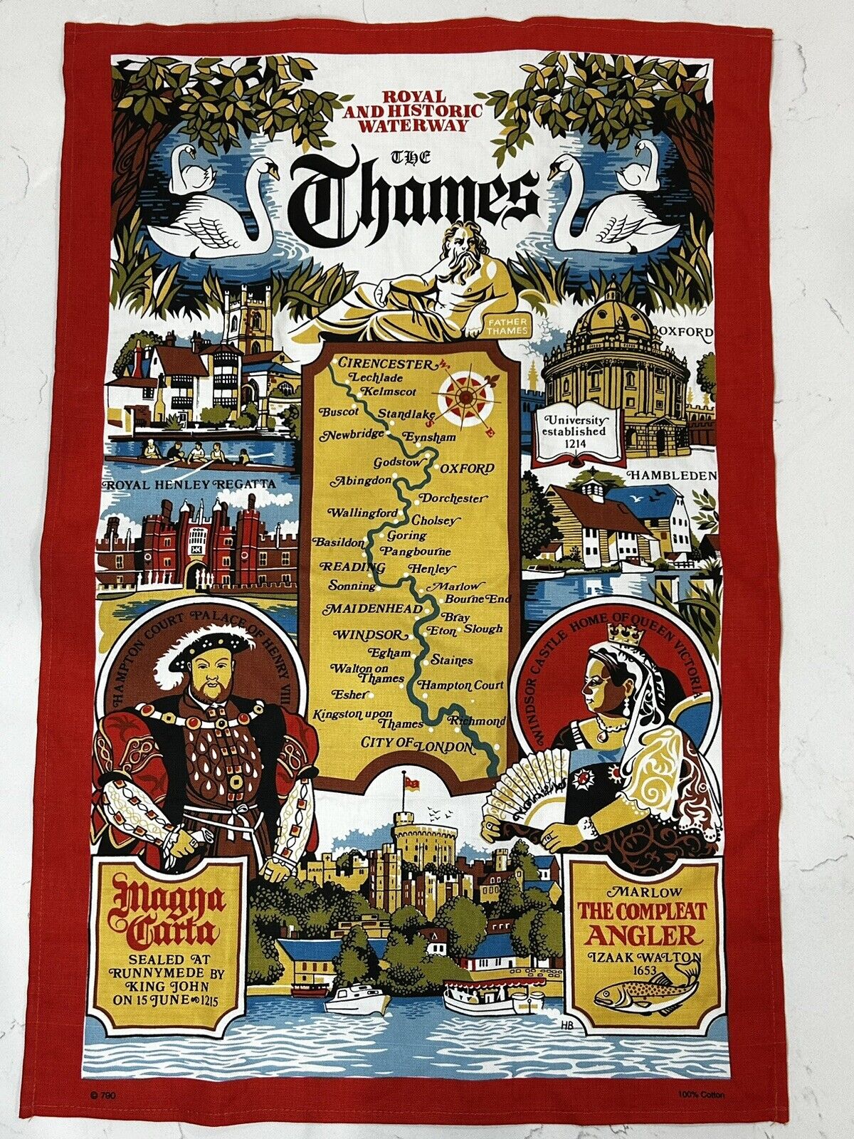Vintage Tea Towel Linen 28x18 Royal Historic Waterway Thames