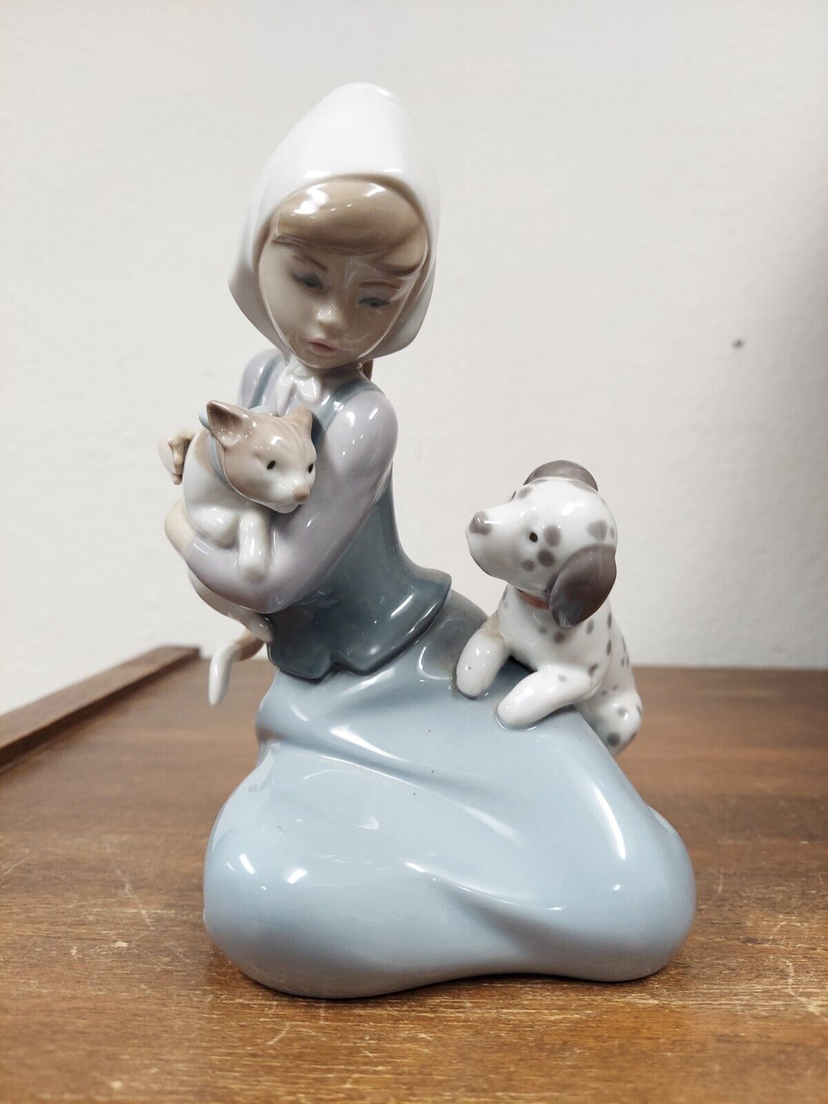 Lladro Little Friskies Porcelain Figurine 5032 Girl w Cat & Dog VGUC NO BOX