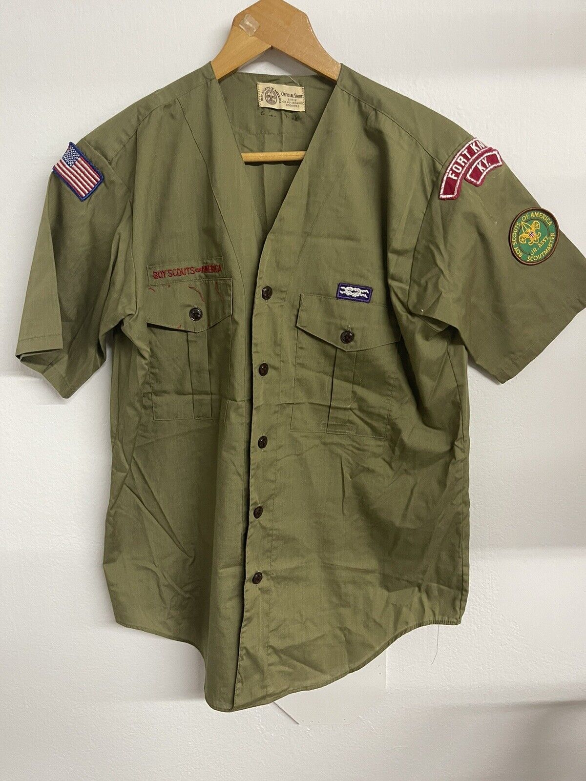 Vintage Boy Scouts Of America BSA Khaki Green Shirt w/ Patches 70s Fort Knox SM