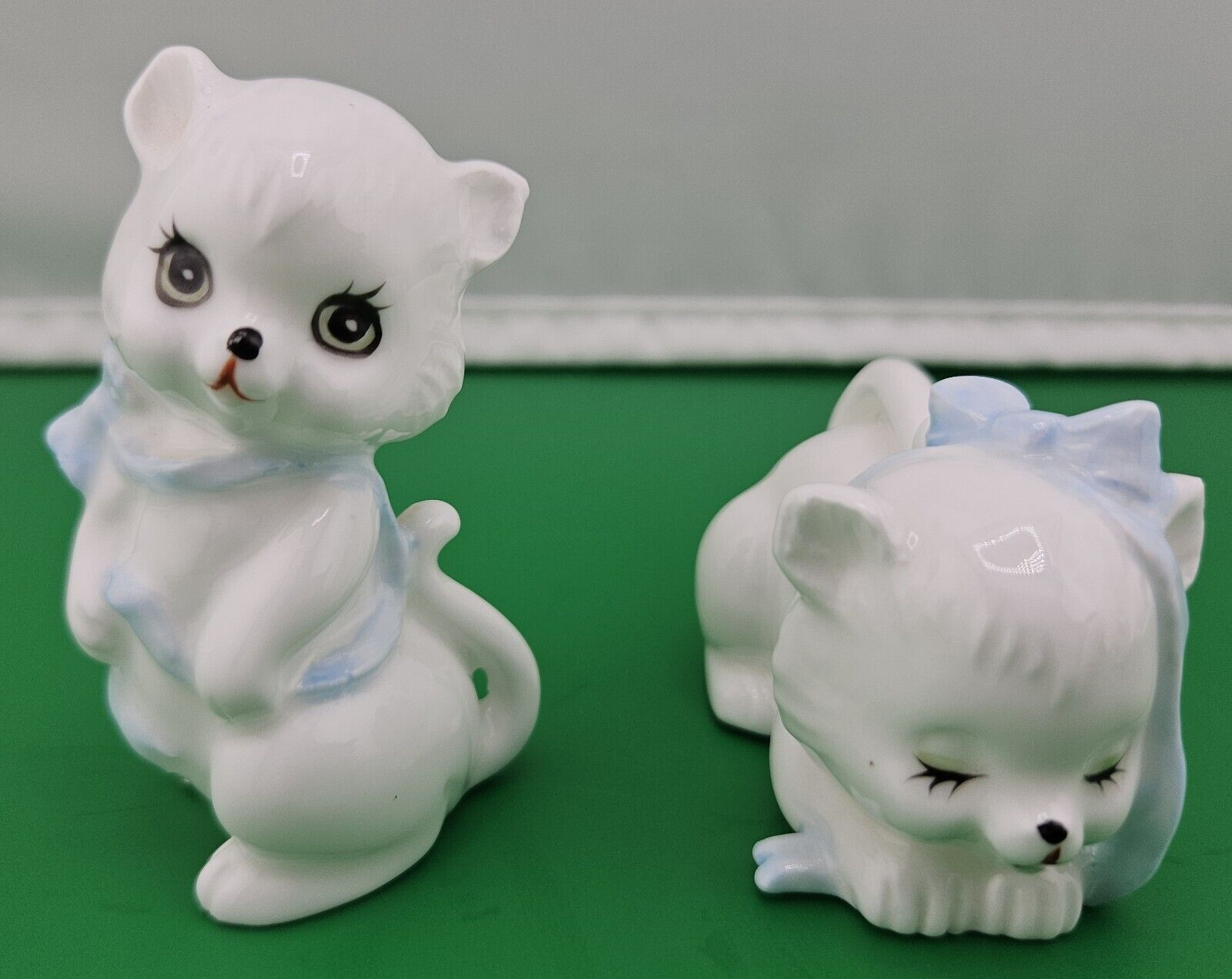 Ceramic-Vintage Japanese White Kittens With Blue Bows