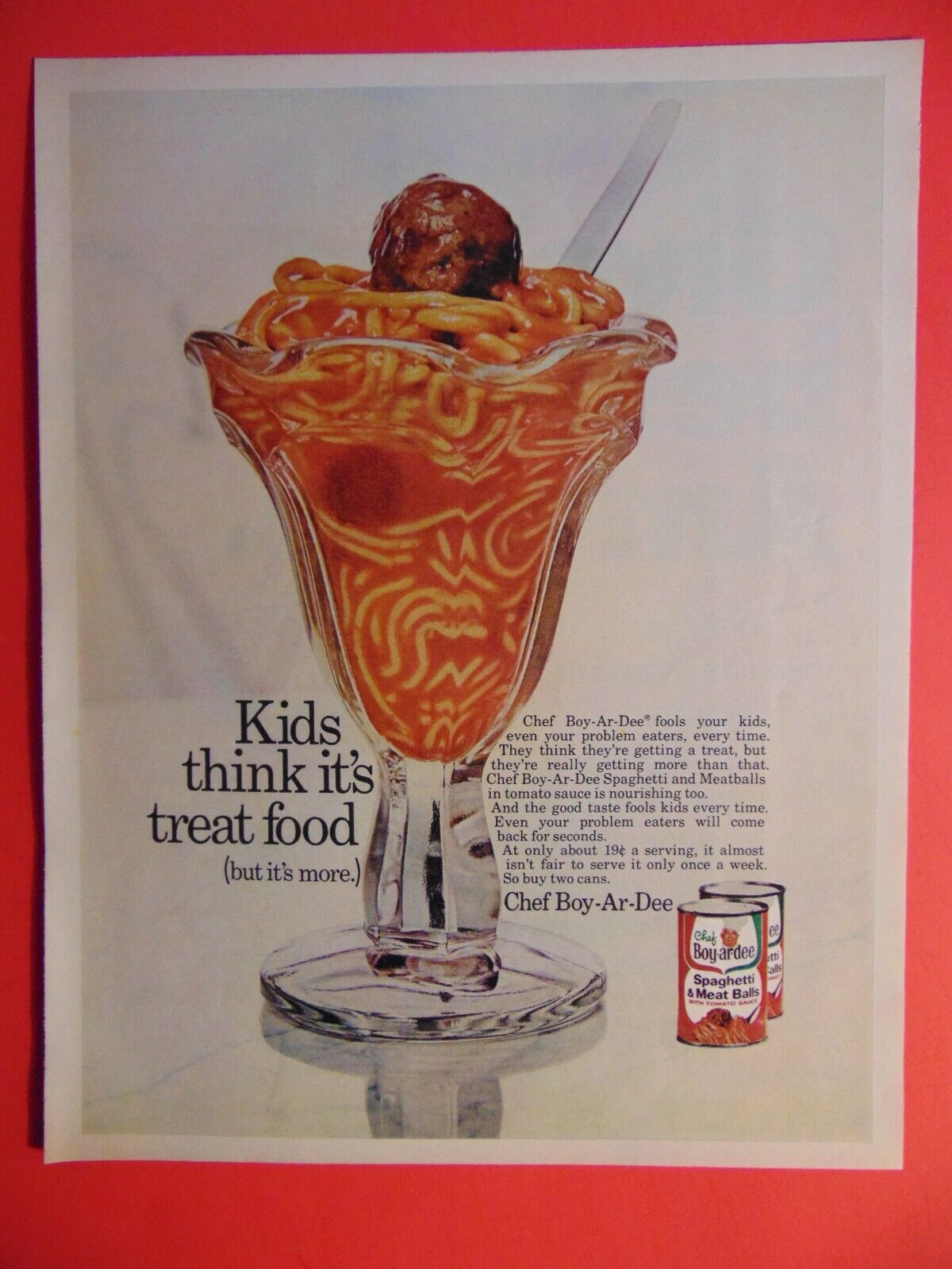1971 Chef Boy-Ar-Dee Spaghetti & Meat Balls in an Ice Cream Glass art print ad
