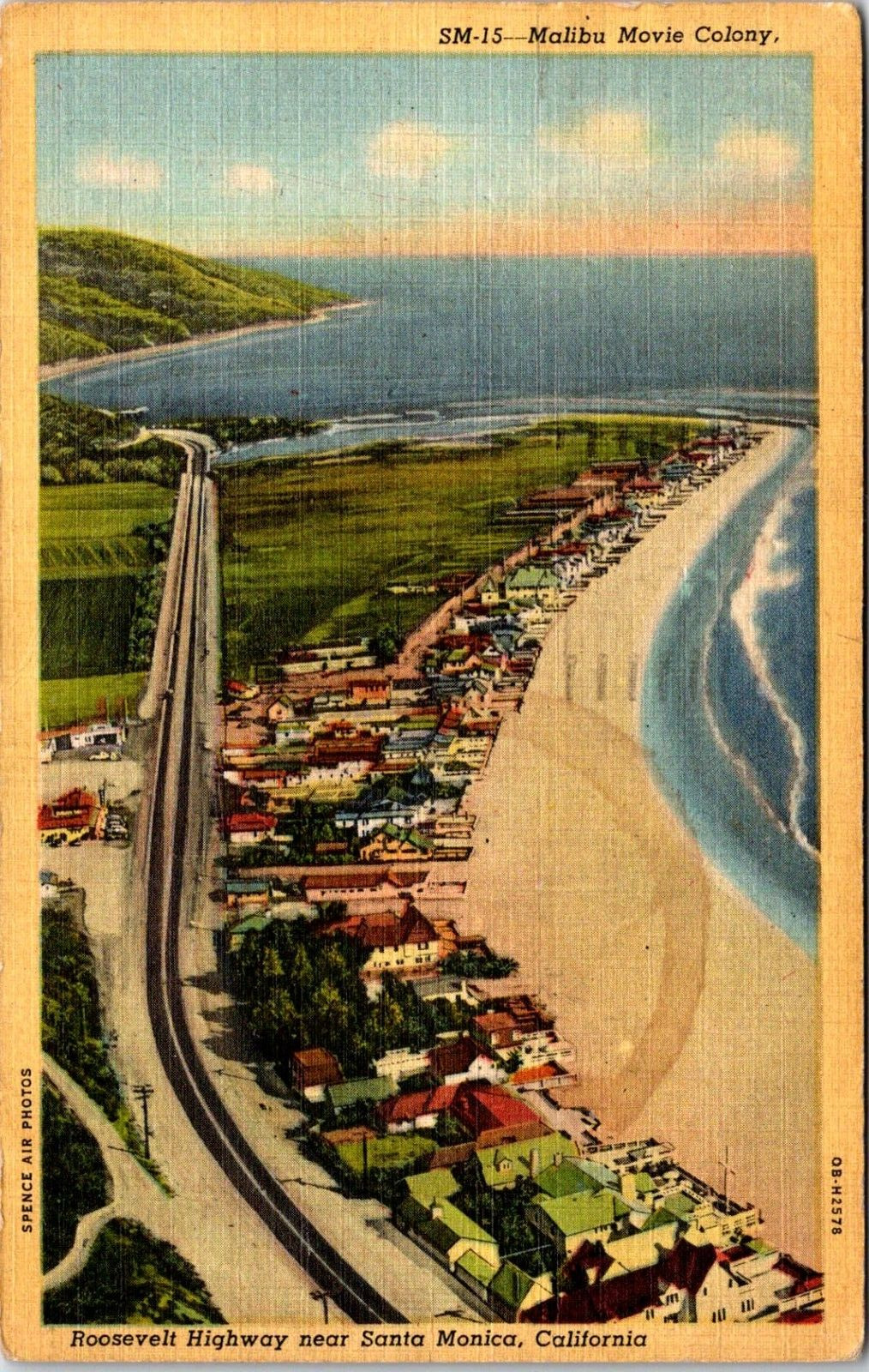 Postcard 1952 Santa Monica California, Roosevelt Highway, Aerial View, Beach