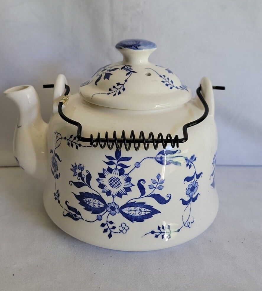Ceramic Tea Pot Blue Onion Pattern Metal Spring Handle Made In Japan Vintage 