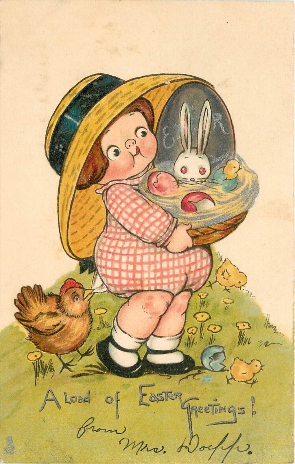 Tuck Postcard Joyous Easter 1001 Girl Chicken Rabbit Easter Eggs Wiedersein S/A
