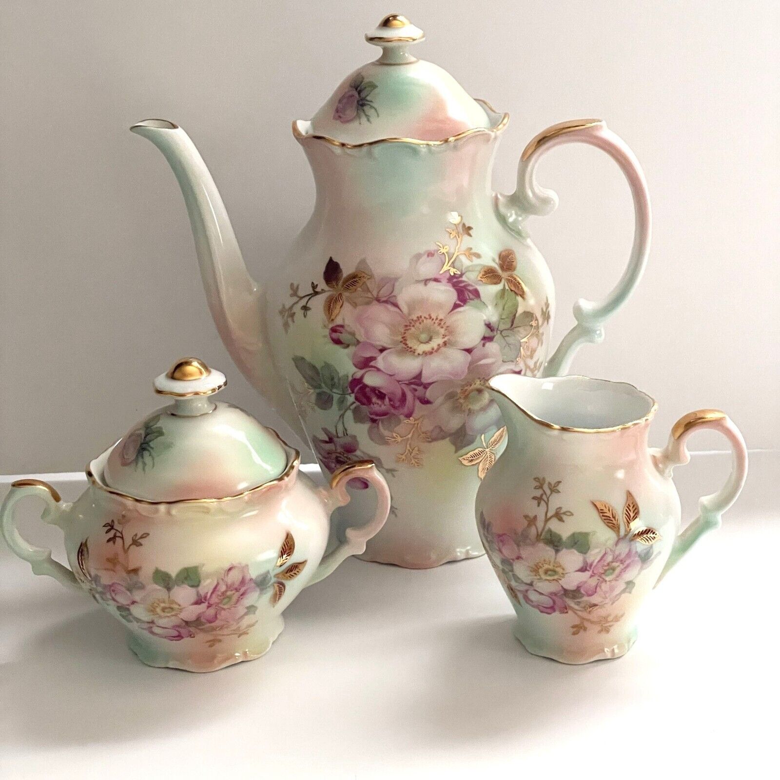 Vintage Schumann Bavaria Wild Rose Coffee Tea Pot Creamer Covered Sugar Bowl Set