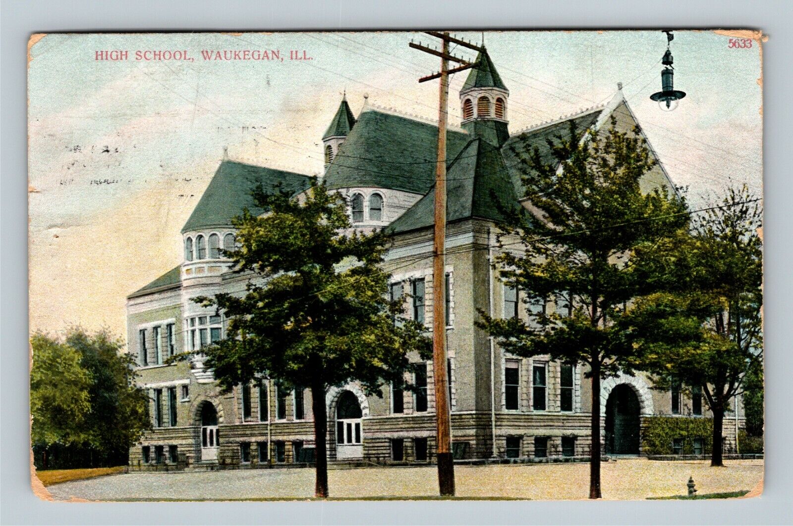 Waukegan IL, High School Building, Cupola, Illinois c1908 Vintage Postcard