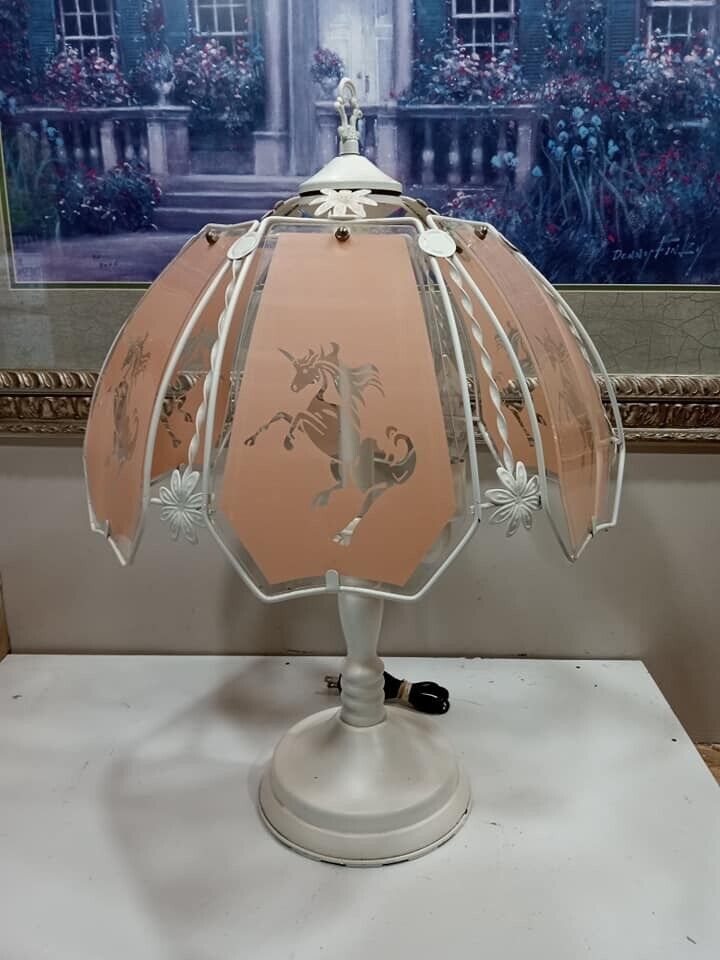Vintage OK Lighting Unicorn Pink Glass Painted White 8 Panel Lamp