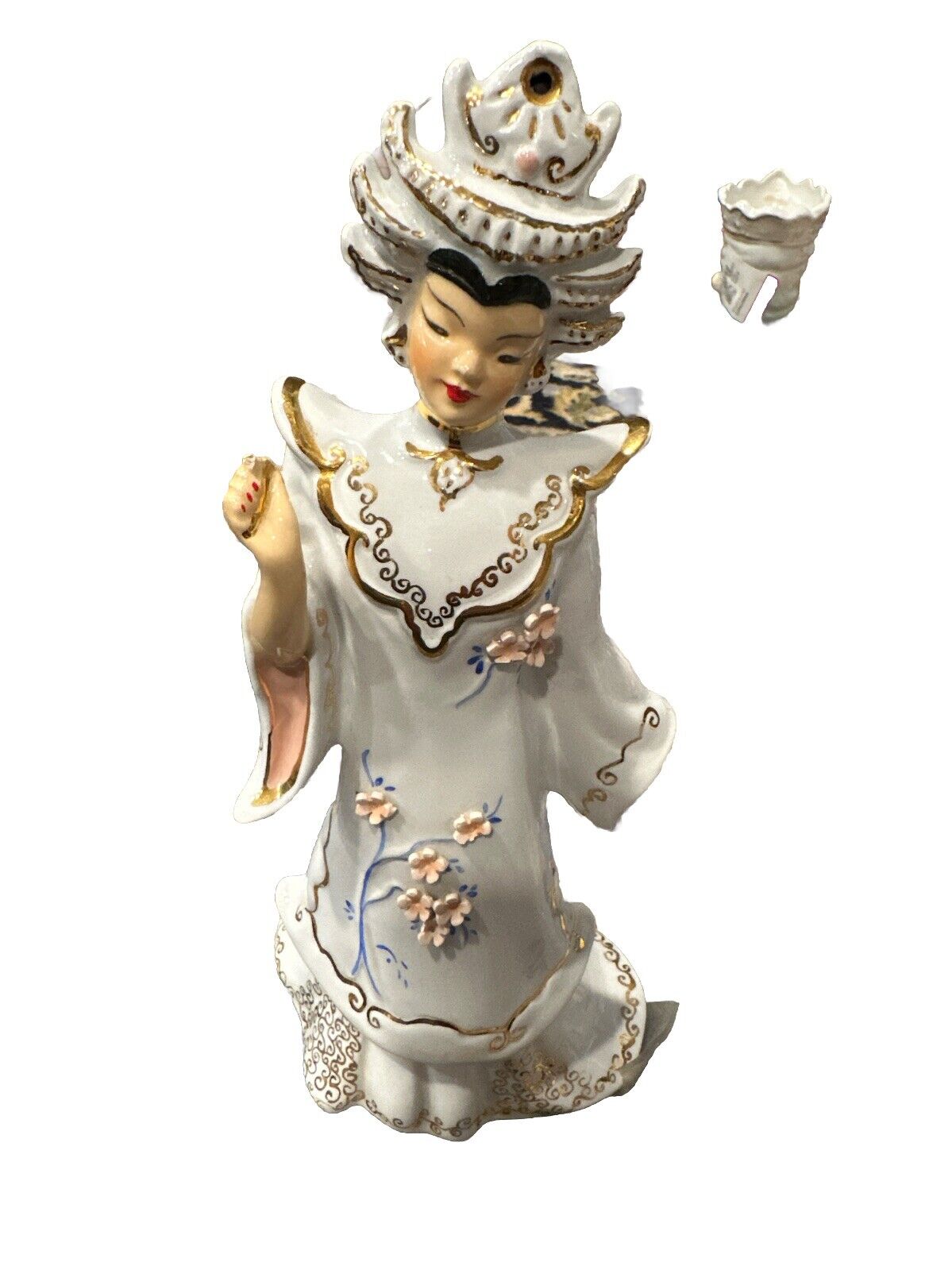 Florence Ceramics Lady Figurine. Asian. 10” Tall. White And Gold