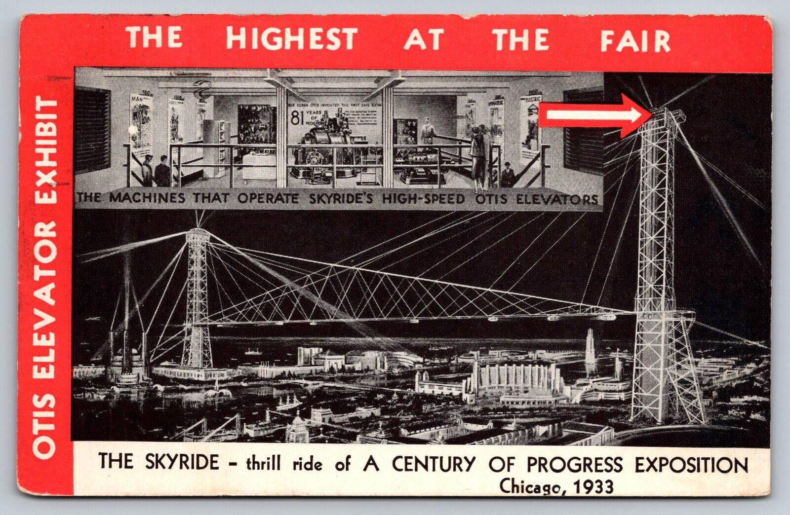 Postcard 1933 Chicago Progress Expo Skyride Elevator One Minute to the Top A19