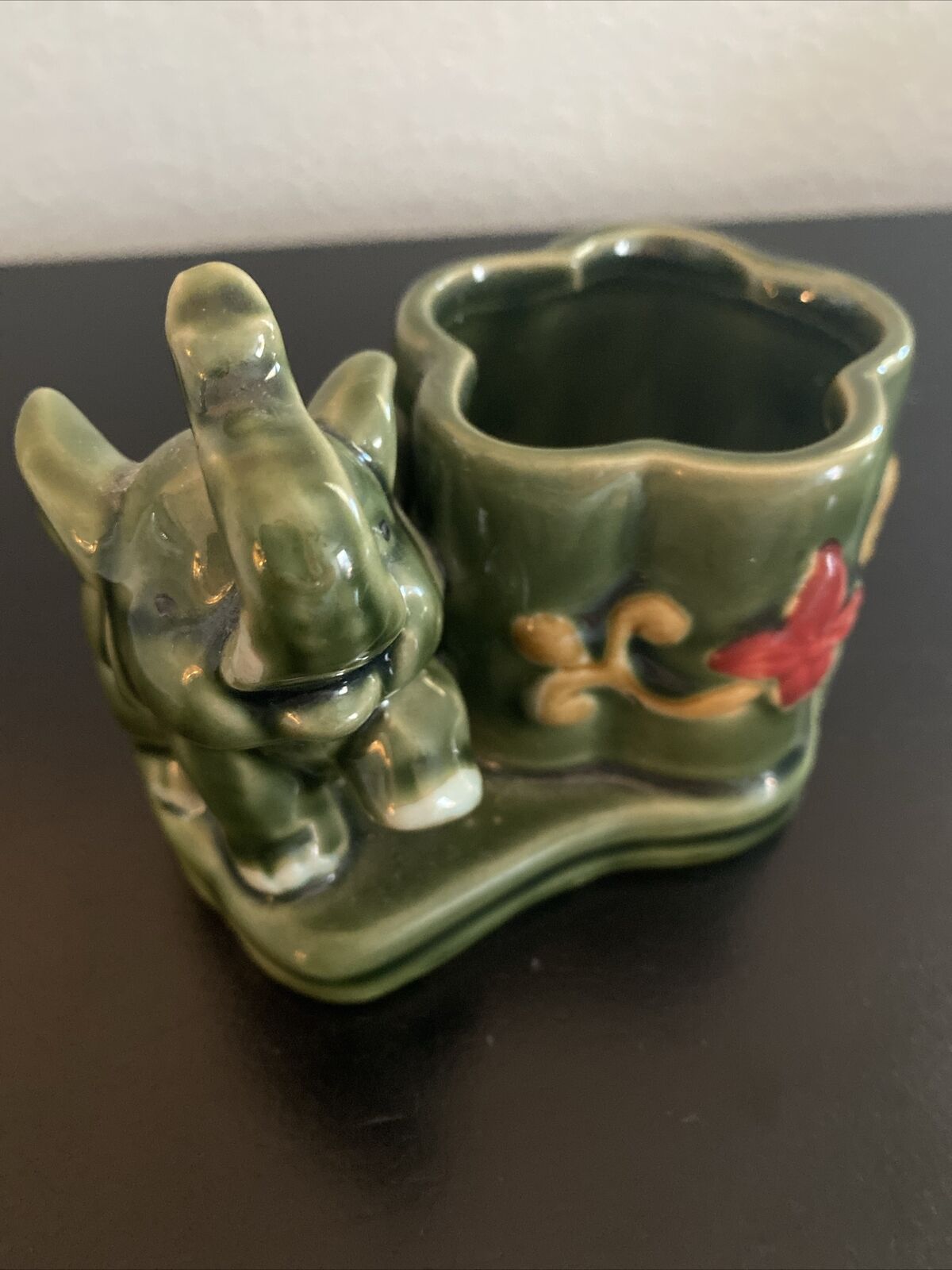 Vintage Majolica Green Elephant Planter MCM Lucky Trunk Up