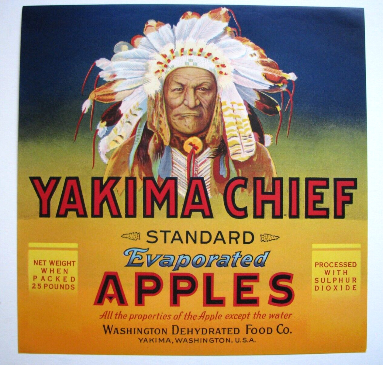Original YAKIMA CHIEF apple crate label Washington Dehydrated Food Co Yakima WA
