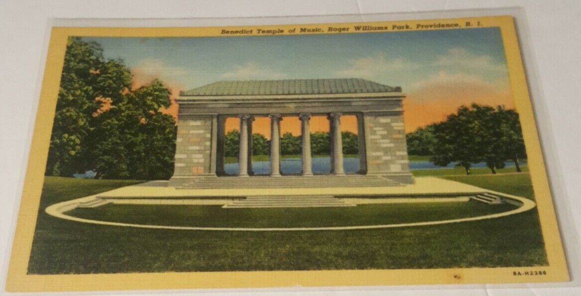 1930s  linen postcard Benedict Temple Music Rodger Williams park ~ Providence RI