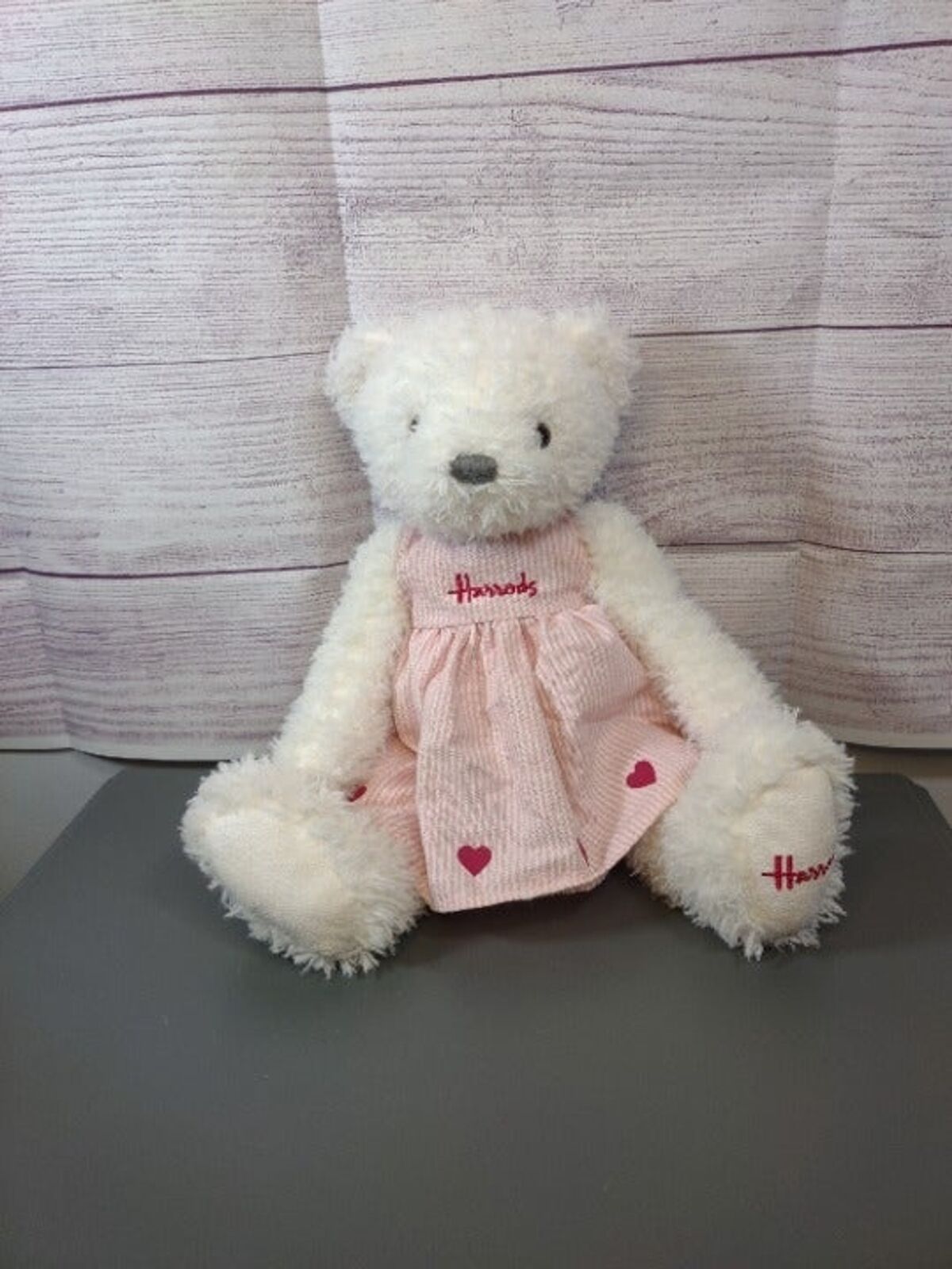 RARE Harrod\'s White Shaggy Teddy Bear Plush Stuffed Animal in Pink Dress