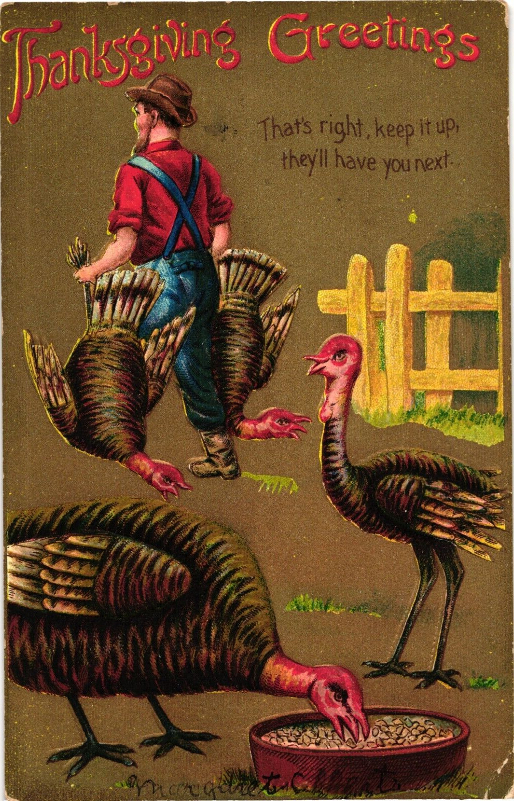 Thanksgiving Greetings Embossed Farmer Live & Dead Turkeys Divided Postcard 1909