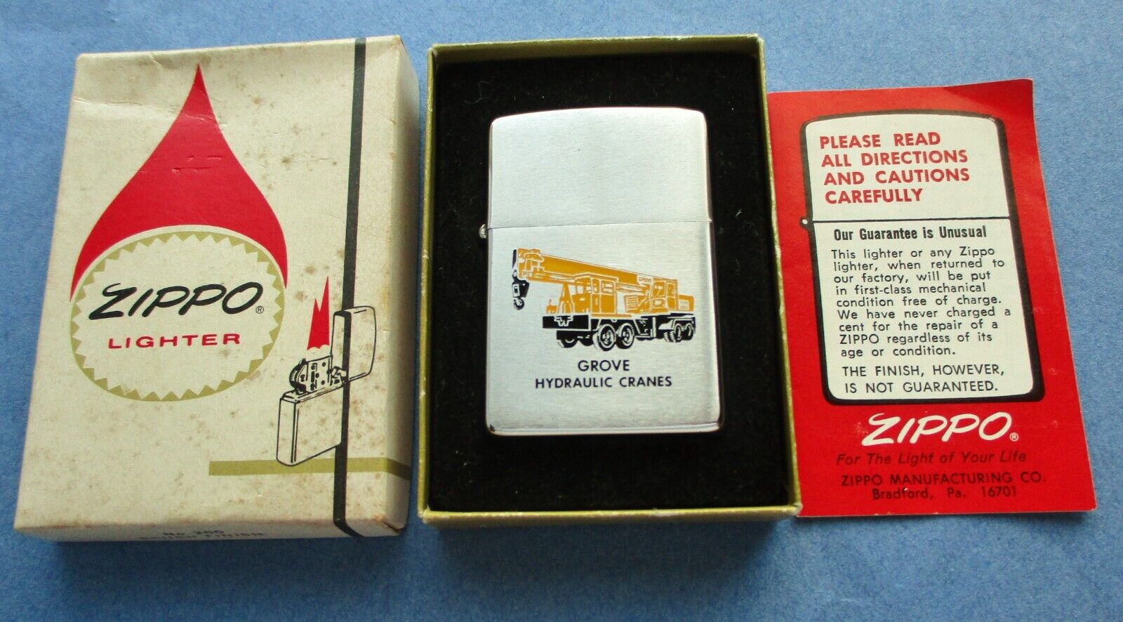 Vintage 1976 Zippo - GROVE HYDRAULIC CRANES - Mint-In-Box with Guarantee