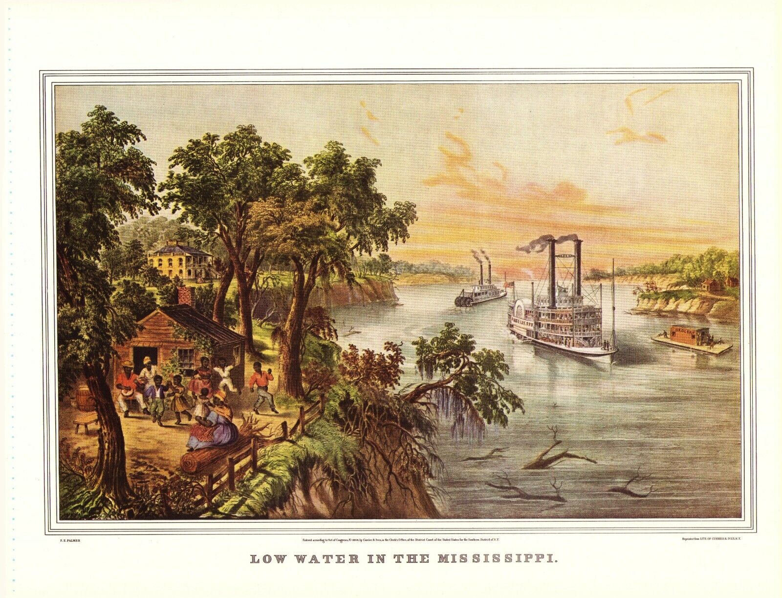 1952 CURRIER & IVES MISSISSIPPI RIVER  DANCING SLAVES 12x15 PRINT LITHOGRAPH