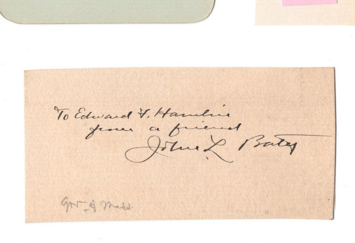 John L. Bates (1859-1946) Signed Card / Autographed Governor Massachusetts