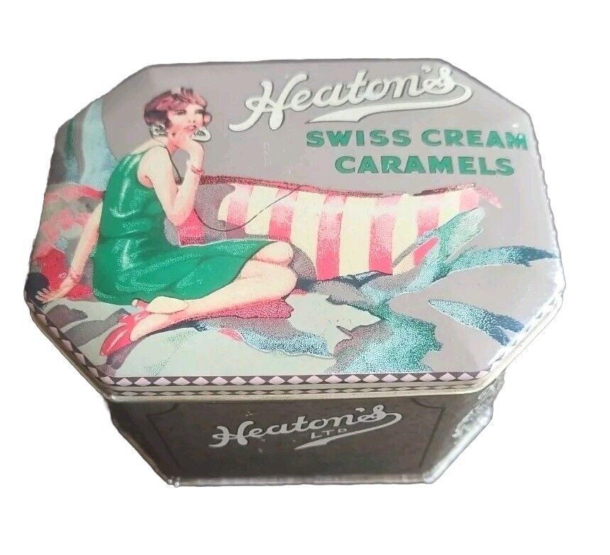 Vintage Heaton\'s Swiss Cream Caramels Tin Flapper Girl from London 5”x4”x3.5”