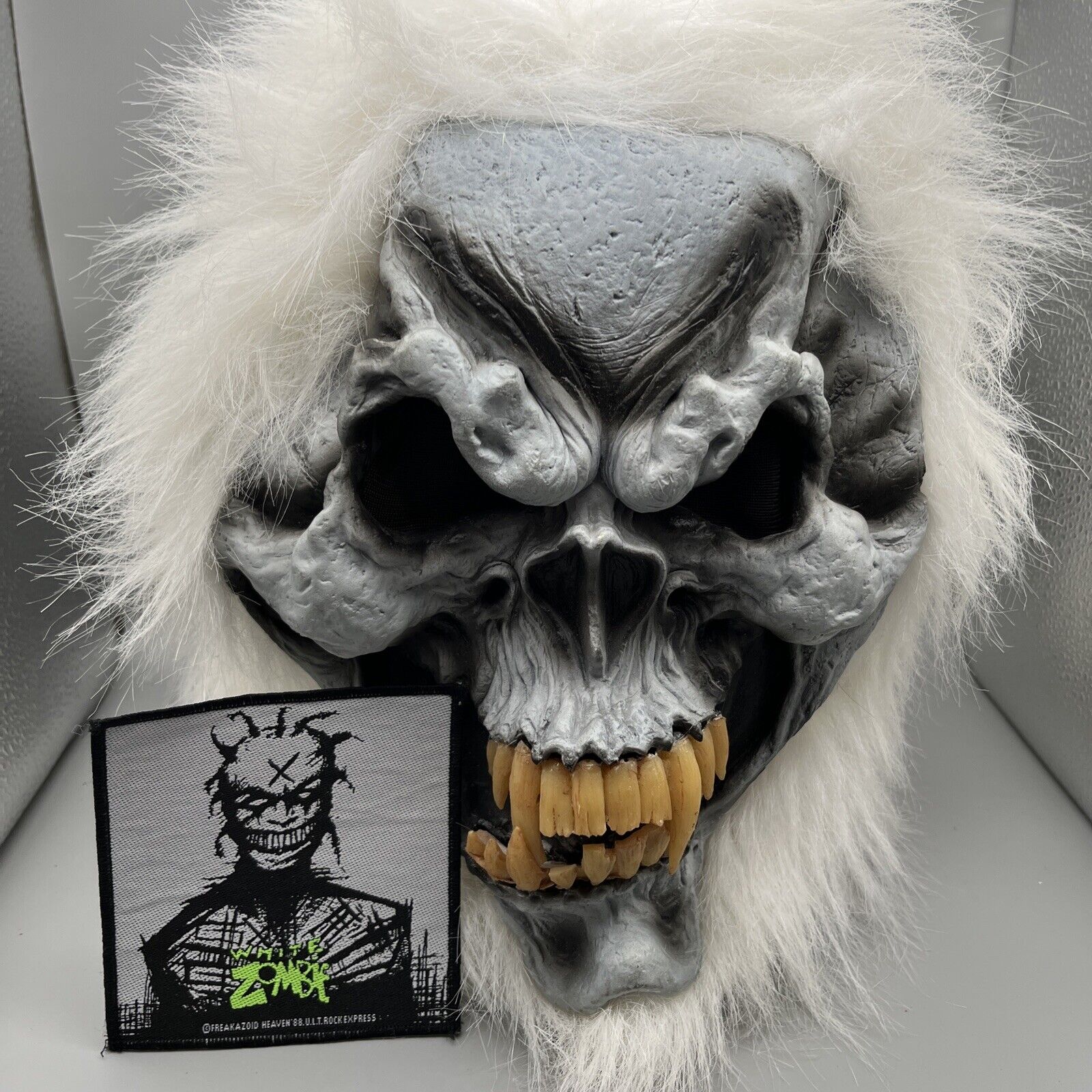 Scary Ice Vampire Zombie Mask fangs Fur Halloween Costume w Patch