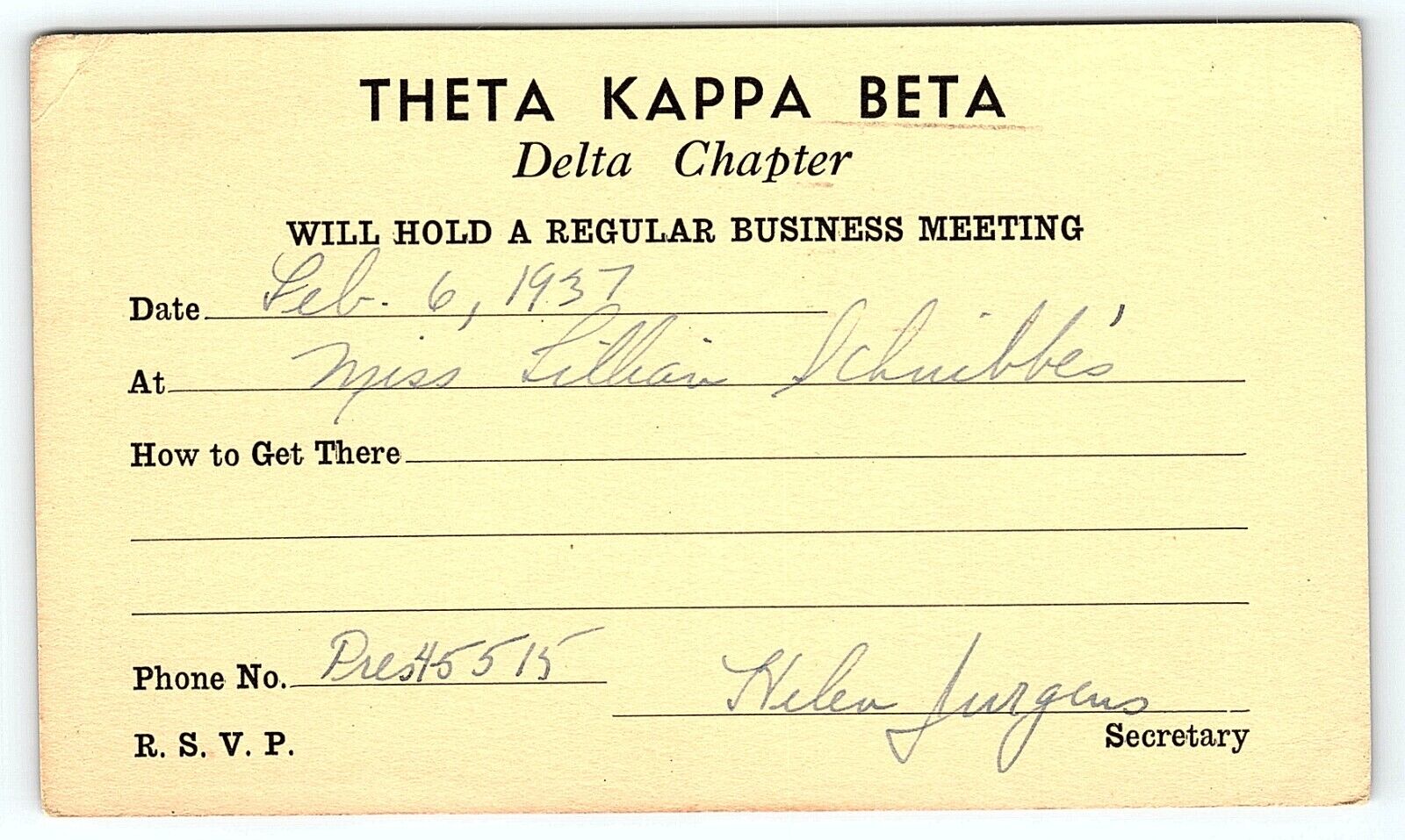 1937 THETA KAPPA BETA DELTA CHAPTER BUSINESS MEETING INVITATION POSTCARD P3457