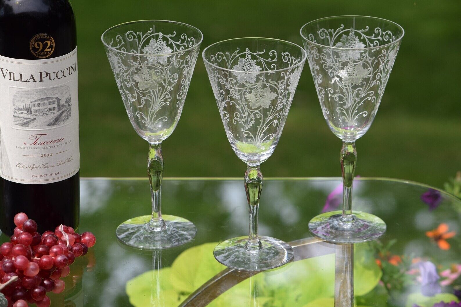 6 Vintage Etched Wine Glasses ~ Water Goblets, Fostoria, Woodland, circa 1922