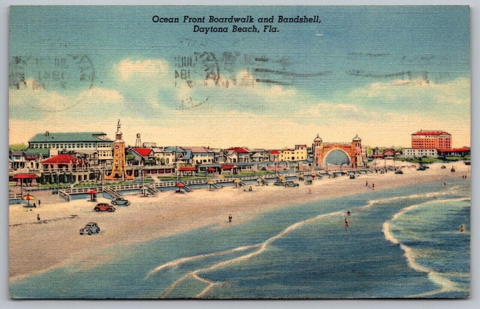 Daytona Beach Florida Oceanfront Boardwalk & Bandshell Linen Cancel WOB Postcard