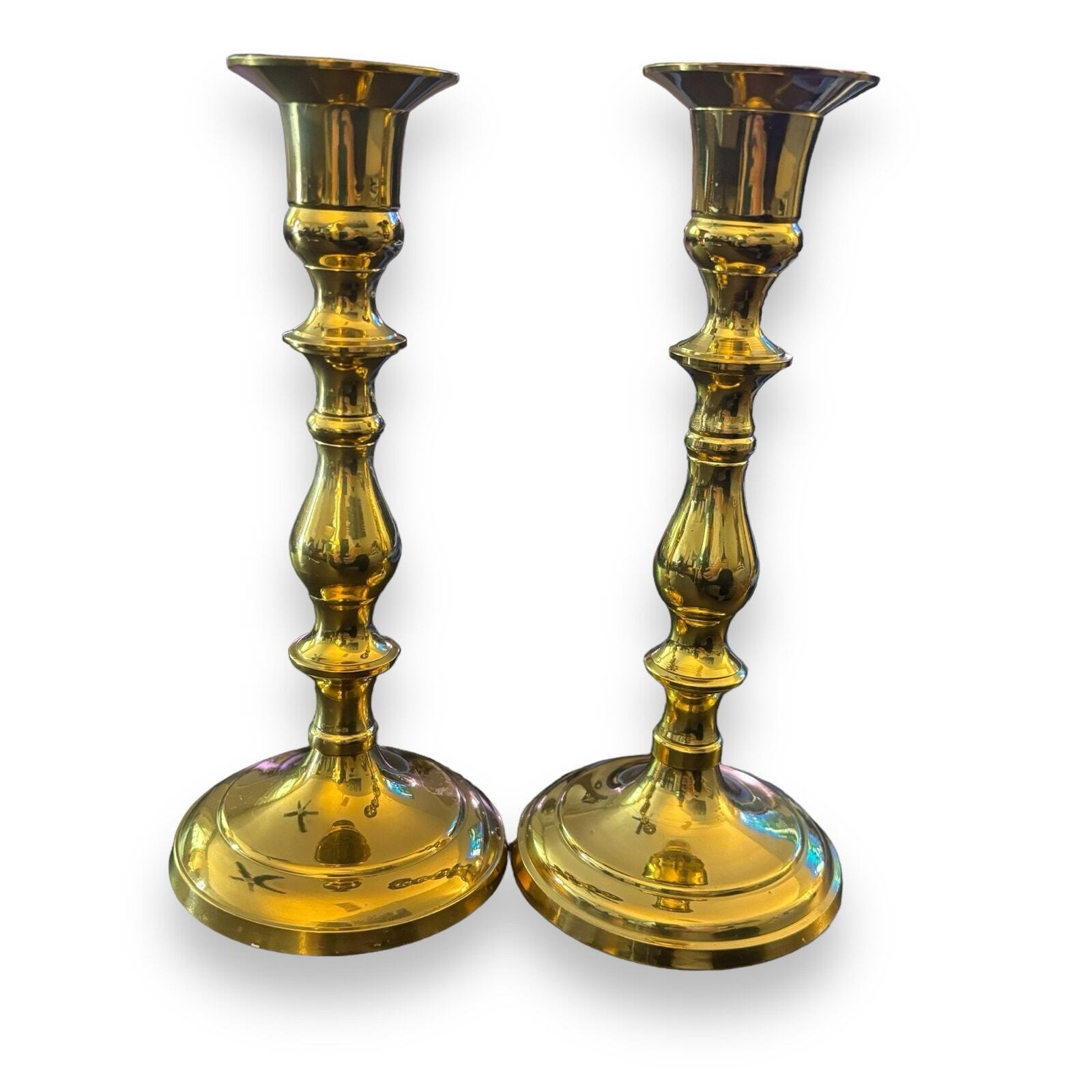 Vintage Matching Pair of Polished Brass Candlestick Holders For Taper Candles 