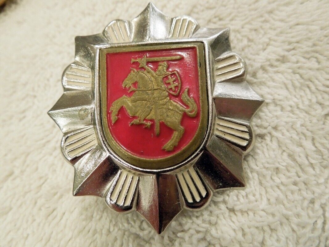Vintage Lithuanian Police Officer Hat Badge with Shield of Mindaugas on Horse