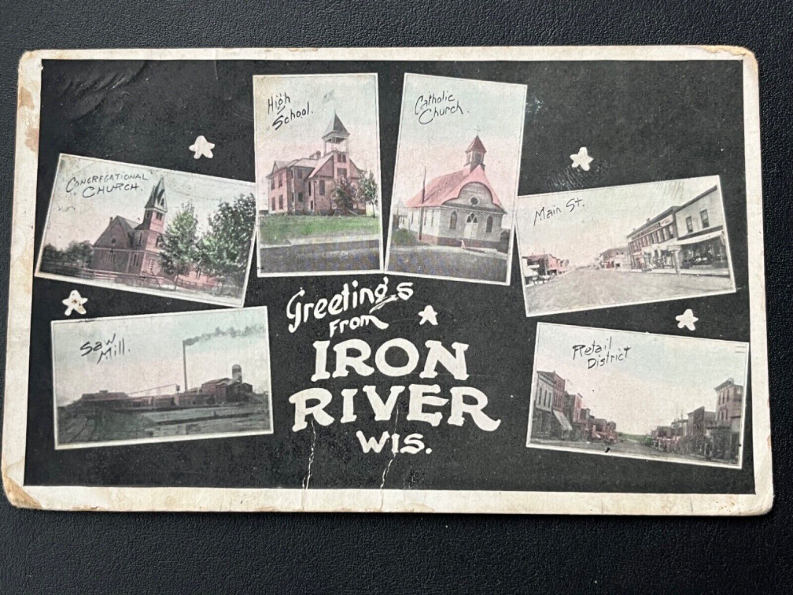 1909 GREETINGS FROM IRON RIVER WISCONSIN POSTCARD