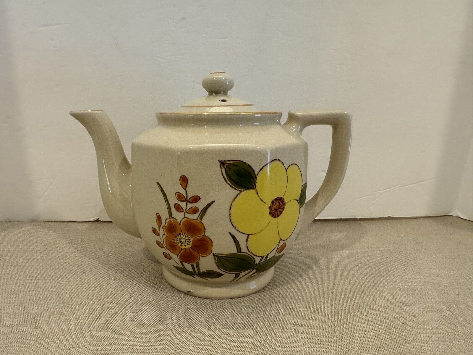 Vintage 70’s Beige Yellow and Orange Porcelain Floral Japanese Teapot