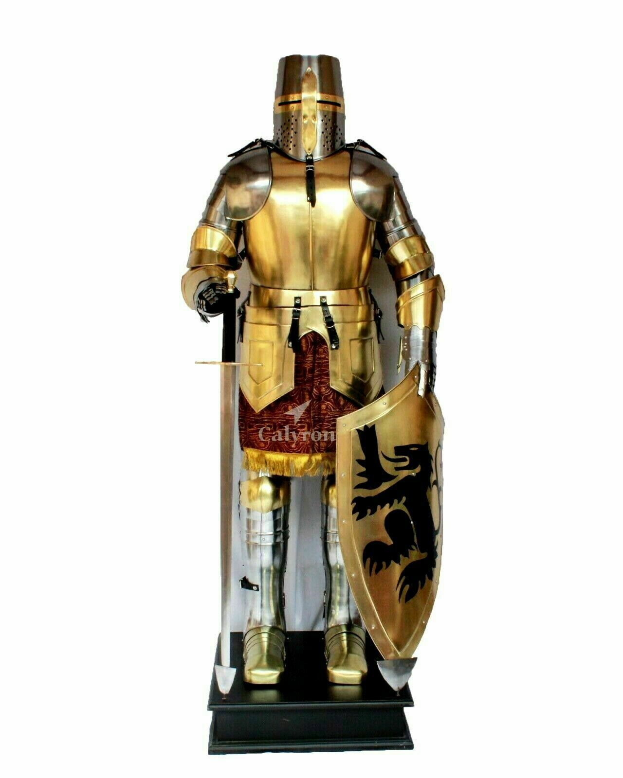 Brass Plated Steel Medieval Full Suit Of Armor Shield/Skirt/Combat Armor LO60