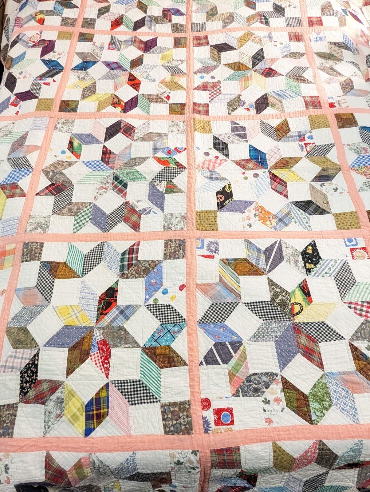 Vintage 50's EIGHT POINT STAR QUILT HAND PIECED Retro Fabrics Double Star 