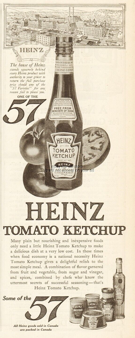 1919 Heinz 57 Tomato Ketchup Vintage Print Ad House of Heinz Ephemera Art Decor
