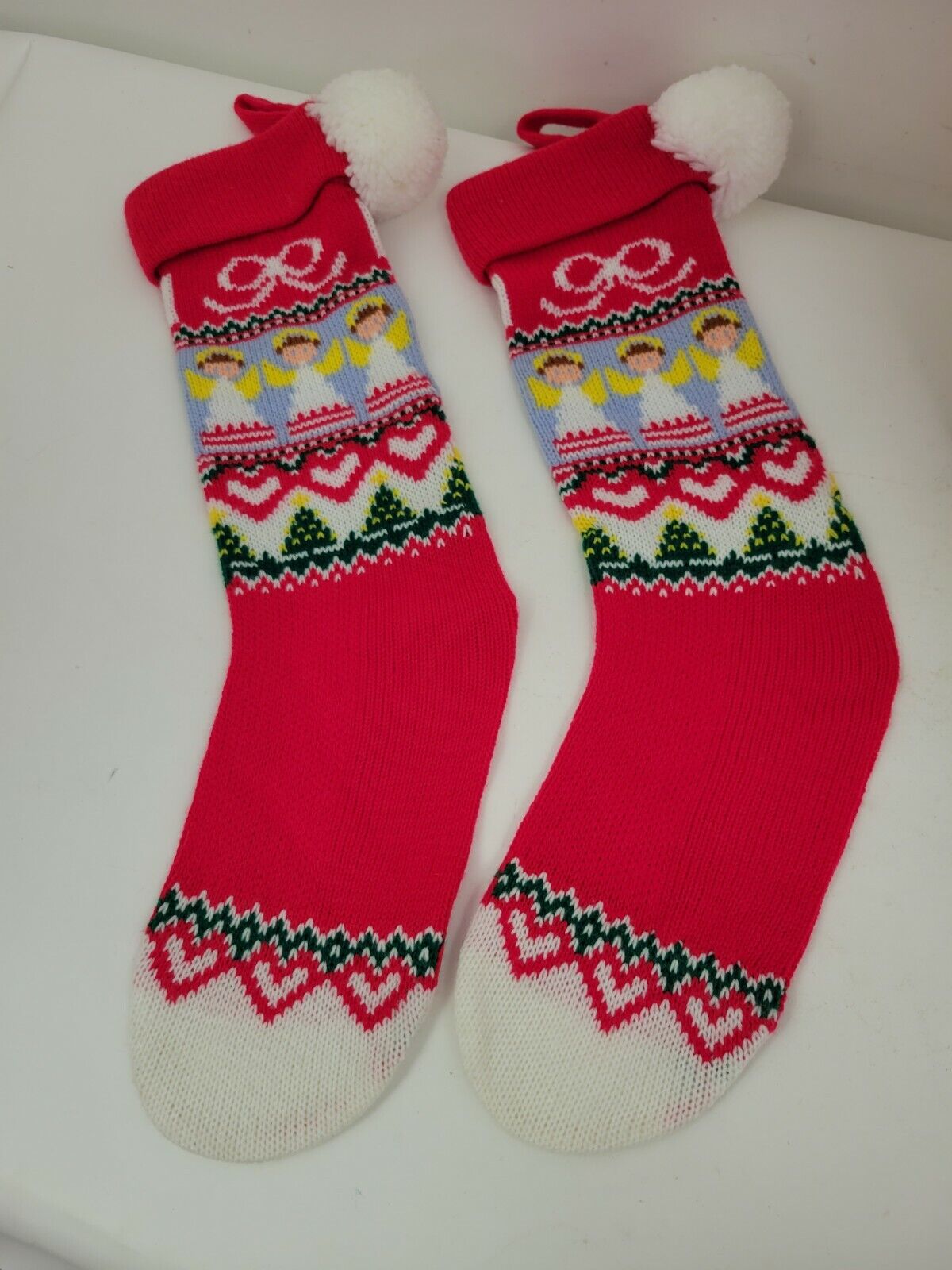 2 Vintage 1983 Hallmark Knit Christmas Stockings Red  Angels Green Hearts pompom