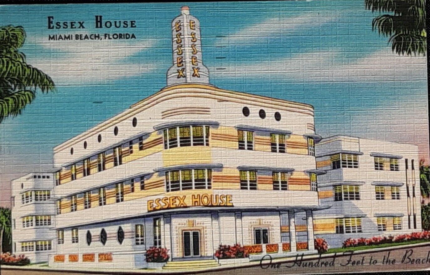 THE ESSEX HOUSE HOTEL MIAMI BEACH FL.  Vintage MCM Deco LINEN  POSTCARD