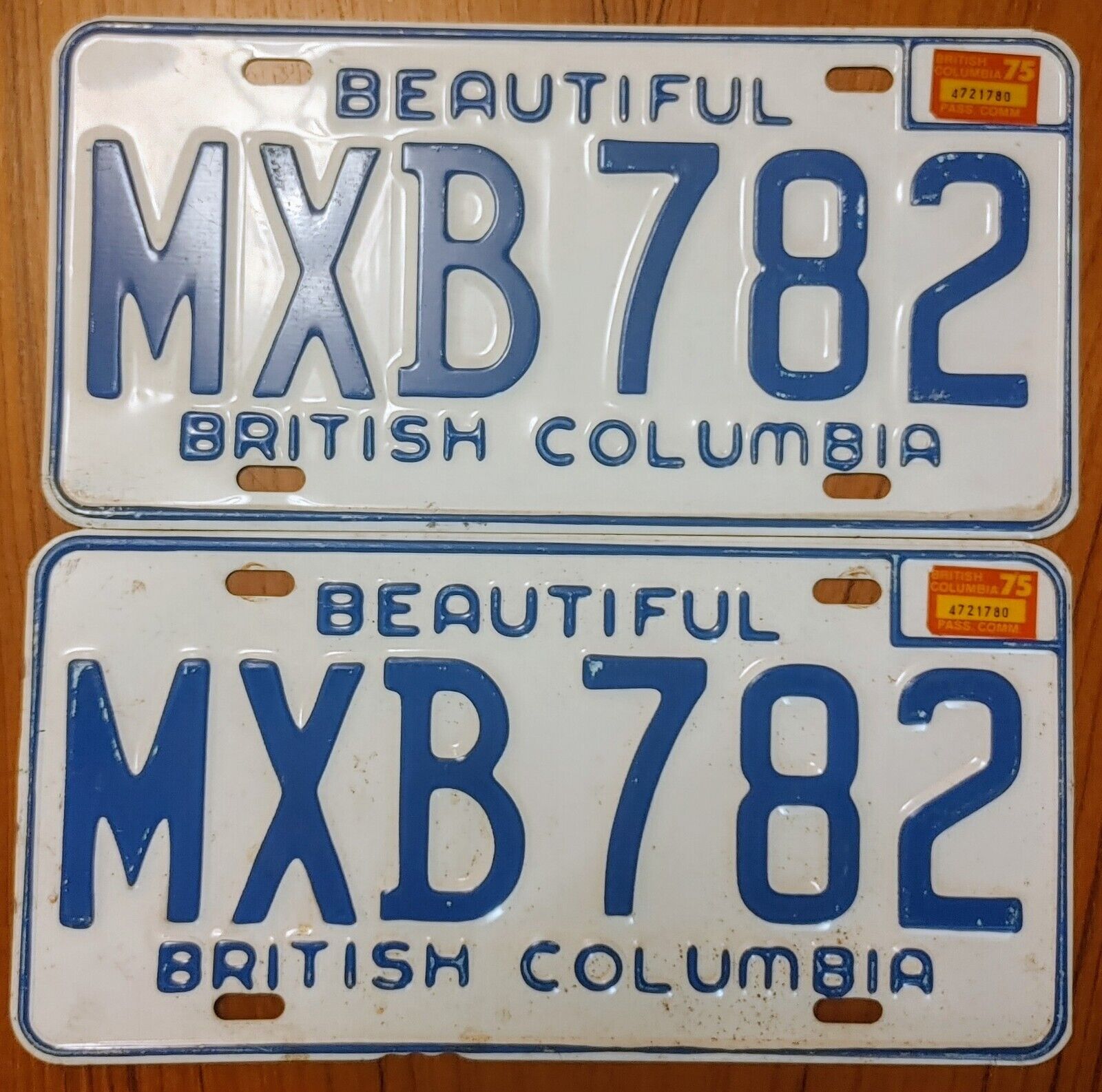 ** 1975 British Columbia License Plate PAIR **  # MXB-782 Nice Pair  